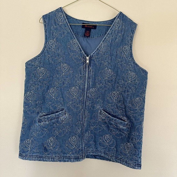 Denim Embroidered Vintage Vest Roses Size 1X Blue - Picture 1 of 6